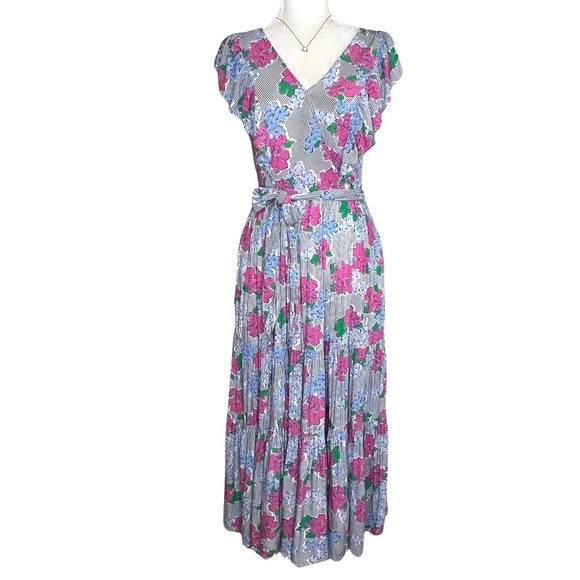 crown & ivy Dress Women's Hello Spring Flutter Sleeve Floral Midi Pink Blue 2 XS - Picture 1 of 17